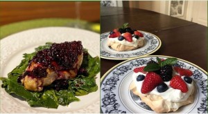 Frango com Brie ao molho de framboesas  sobre cama de espinafres e Pavlovas de frutas da estação